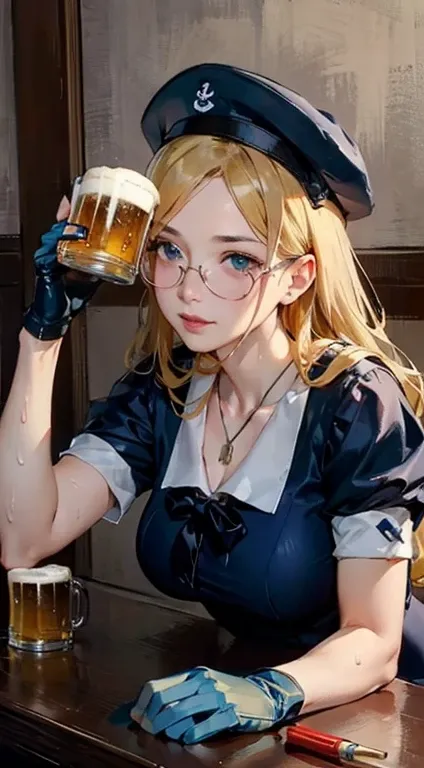 masterpiece, Highest品質, High resolution, One girl, Cammy White, Twin Blade, Long Hair, Blonde, Antenna Hair, beret, (Red Hat:1.3), blue eyes, Wounds on the cheeks, Green leotard, big  36 DD, No sleeve, Red gloves, Fingerless gloves, Camouflage,At the bar, ...