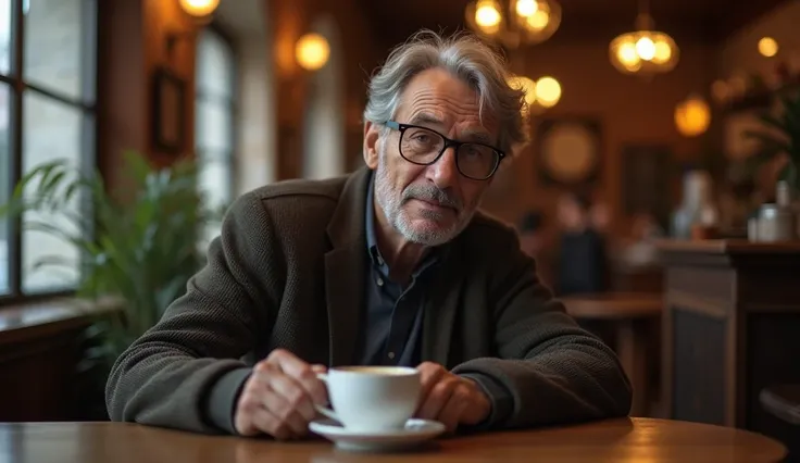 A realistic photograph of an elderly man of European descent, with gray hair and glasses, sitting alone at a table in a cozy coffee shop. His expression is thoughtful and reflective, with a cup of coffee in front of him and soft, warm lighting creating a c...