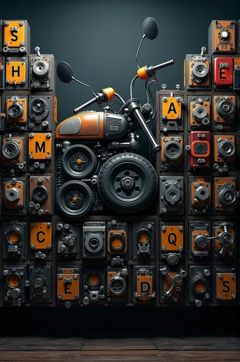 Create a periodic table where instead of having the symbols in the boxes, they are motorcycle parts but they start with the names of the symbols and the rest is the normal table.