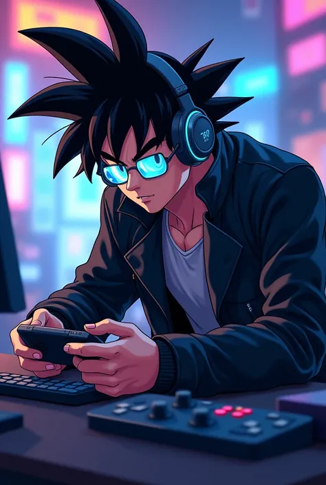 Goky , being a gamer , black jacket , blue glasses , headphones and game console in animated form as seen in the anime 