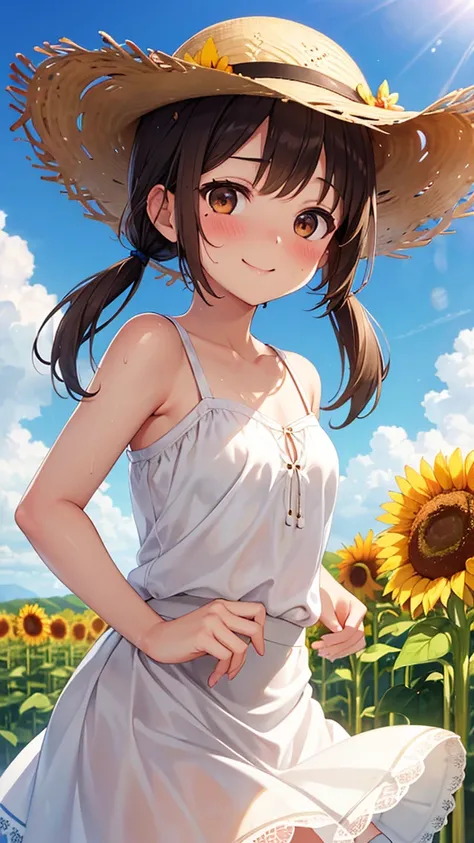 Sunflower field,Strong sunlight,girl,Straw hat,Middle school students,Brown Hair,Short pigtails,Petite,Small breasts,(Mole under eye:1.2),Brown eyes,White sundress, ,smile,Wink,blush,(Low angle 1.3),(Under the skirt:1.3),Deflect away,White lace panties,(Sw...