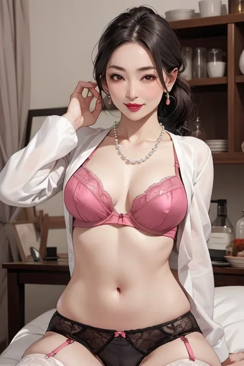 Beautiful mature Japanese woman aged 55, Long eyelashes, Low Ponytail, Red lipstick, Pink Cheeks, Pearl Necklace, Earrings, Dark eyeshadow, Silk bra, Silk Panties, Mansuji, Black garter stockings, Sexy pose, Pussy, Browsing Caution