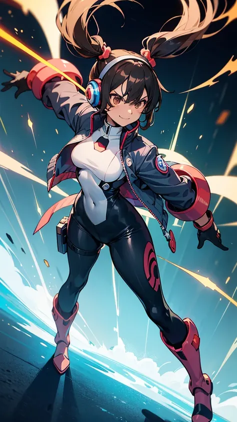 (Best quality, anime style, good anatomy)reploid, 1 girl, tanned skin, brown eyes, angry, smile, black hair, short twintails, spike scrunchies, headphones, black bodysuit with lateral red lines, grey jacket, black gloves, right arm red plasma cannon(Megama...