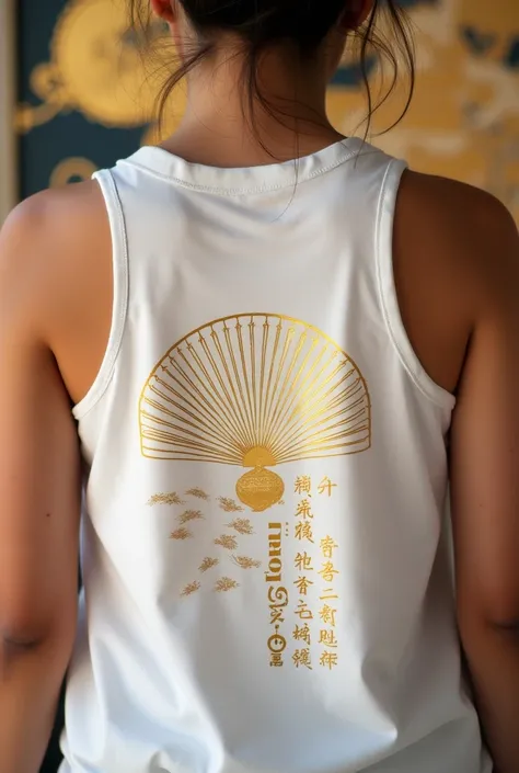 White women&#39;s tank top with a golden Japanese FAN as decoration and the writing " Senko Tange Taiko Dojo " vertically on the other side in gold also with lots of Japanese decorative details 