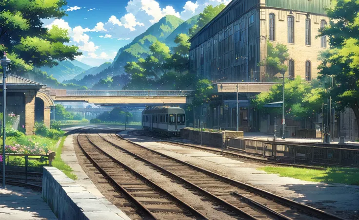 Animated train station，There are trains on the tracks, Anime Landscape concept art, Anime Background art, beautiful Anime Landscape, Anime Landscape, style of Shinkai Makoto, Beautiful anime scene, Anime Background, ( ( Shinkai Makoto ) ), Shinkai Makoto!,...