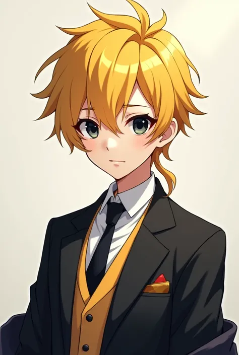 An anime boy with yellow hair and black eyes with Finn Ames style color suit a white shirt and a tie and black pants with a black kimono 