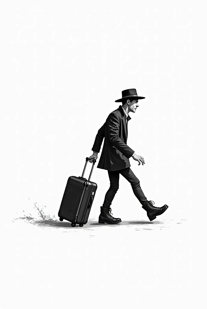 black and white hand drawing of a slim man walking sideways in boots, a hat and a suitcase