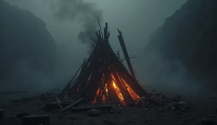 Visualize a dramatic scene depicting the smoldering remains of the pyre where Joan of Arc was executed. The remnants of the wooden platform are charred and blackened, with wisps of smoke curling upwards into a dark, foreboding sky. Scattered ashes and burn...