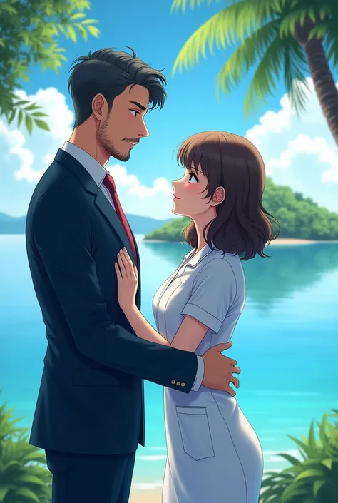 Image of love formal man with beard and woman physiotherapist with curly hair anime in front of lagoon with island
