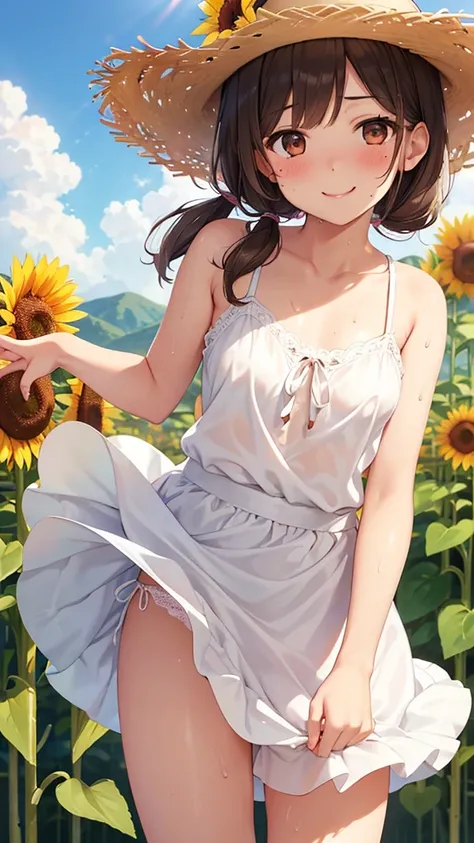 Sunflower field,Strong sunlight,girl,Straw hat,Middle school students,Brown Hair,Short pigtails,Petite,Small breasts,(Mole under eye:1.2),Brown eyes,White sundress, ,smile,(Wink:1.3),blush,(Low angle 1.3),(Under the skirt:1.3),Deflect away,White lace panti...