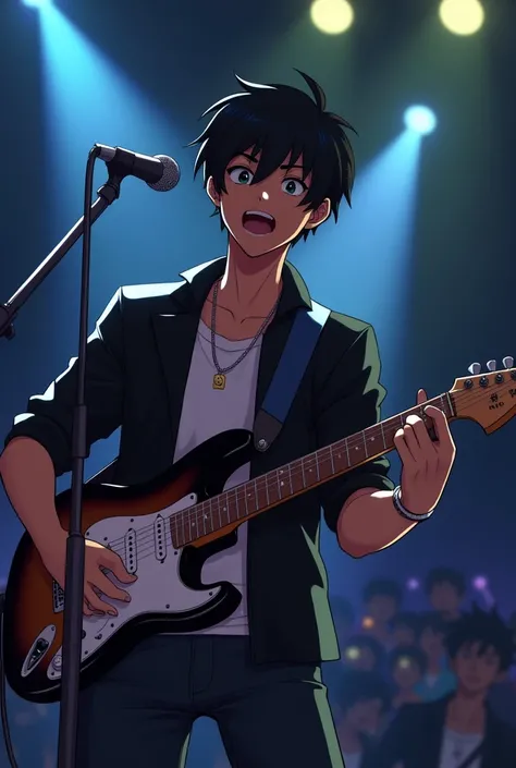 naughty man,アニメ,brown skinned,guitarist, singer,style clothes,Youngh,Bblack hair,eyes black,stage,at night.