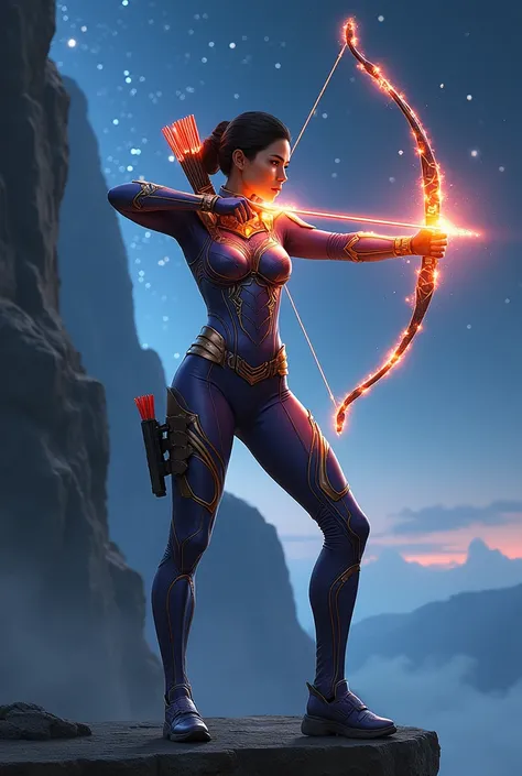 A dynamic Korean woman wearing a Sagittarius-themed Hawkeye outfit, her sleek armor glowing with cosmic energy as she draws back a bow with a radiant arrow. She stands at the edge of a cliff under a sky full of stars, her eyes focused on her distant target...