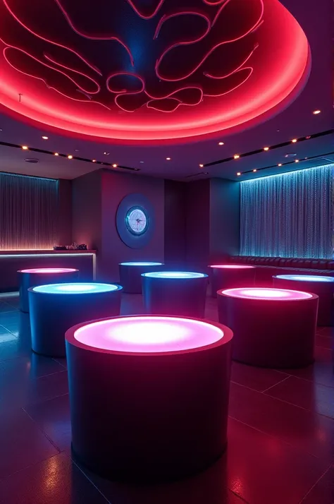 A chic and modern nightclub with round tables with neon LED edges