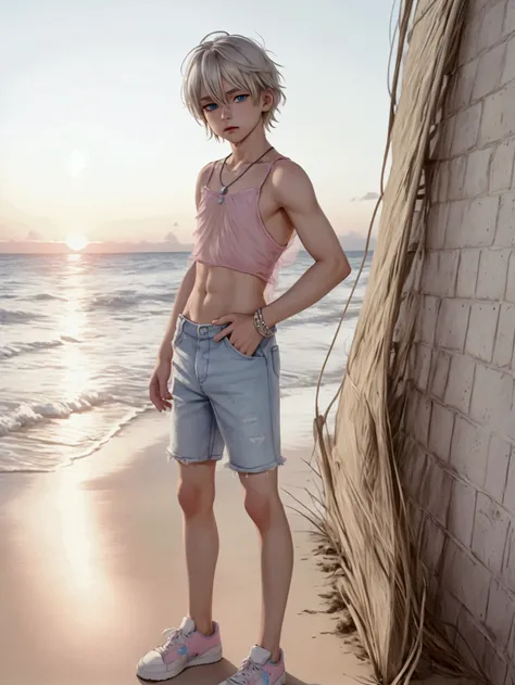 Anime style, Highres, Masterpiece, Best quality at best, Best Quality, hight quality, hight detailed, 1boy, (little boy), boy, blonde boy, blond Hair, perfect boy body, cute boy, detailed light blue eyes, detailed eyes, short hair, messy hair, pastel rainb...