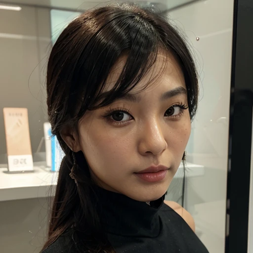 ((disambodied head on the display store)) a beautiful asian woman, (( head more)),realistic face,detail face,look at front viewer