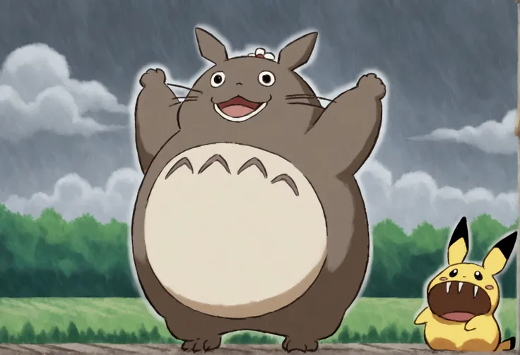 (Totoro, huge furry monster from My neighbor Totoro) is being shocked in a lightning arc being discharged from an excited Pikachu! The trainer (cute woman) cheers, dreary rainy day Japanese countryside, comical scene, studio Ghibli style