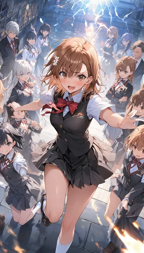 Ultra-high definition image quality、beautiful girl、Misaka Mikoto、high school girl、A Certain Scientific Railgun 、Brown blazer uniform、Short pleated skirt、Schoolyard、Highest quality,Stand with your feet apart、Jump、A sharp face、4K quality、Ultra HD、White knee ...