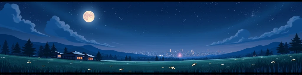 View of a beautiful and stunning night, beautiful stars in the sky, moonlight, half  moon,city from the field, glowing insects on the field,anime japanese, view, fiel, anime style, anime art only, village environment, full dark night 