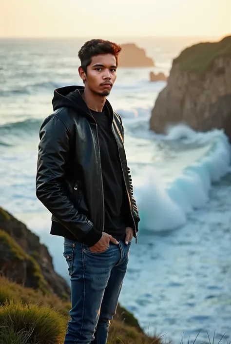 Professional photography of Skinny Young indonesian man, wearing black tshirt and leather bomber with hoodie, blue jeans pants, standing on the edge of cliff with stunning beach view, wave is crushing, cinematic color tone, rule of third, sunshine, sunny m...