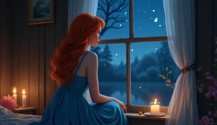 A BEAUTIFUL WOMAN IN A BLUE DRESS WITH RED HAIR LOOKING OUT A WINDOW AT NIGHT AND THINKING ABOUT LIFE IN A MODEST HOUSE.