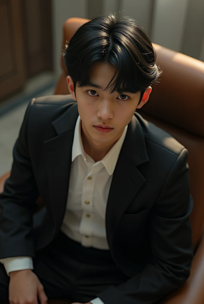 A Korean boy,very young and handsome and white mafia guy with a black suit 20 years old like a CEO.