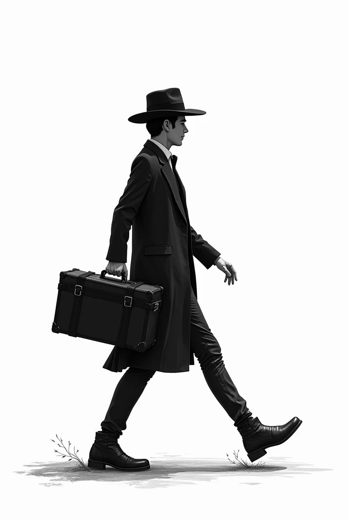 black and white hand drawing of a slim man walking sideways in boots, a hat and a trunk