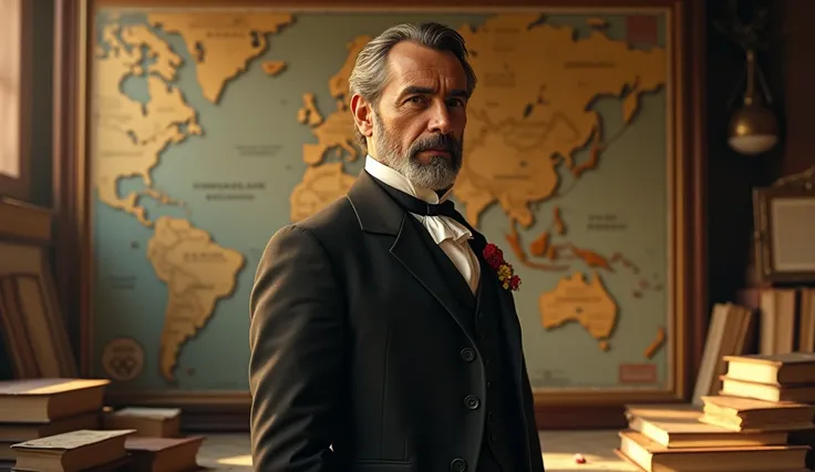 "In 1896, Baron Pierre de Coubertin had a dream: to revive the spirit of the ancient Olympic Games." Prompt: Baron Pierre de Coubertin, dressed in formal late 19th-century clothing, standing in front of a historical map of Greece, looking visionary, surrou...