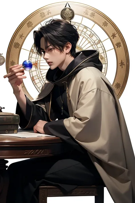 An Asian pretty boy wearing a cloak, with his face partially hidden by the hood, sitting at a table with a Feng Shui compass, tortoise shell, crystal ball, and other divination tools and books, set against a white background, mysterious and enigmatic atmos...