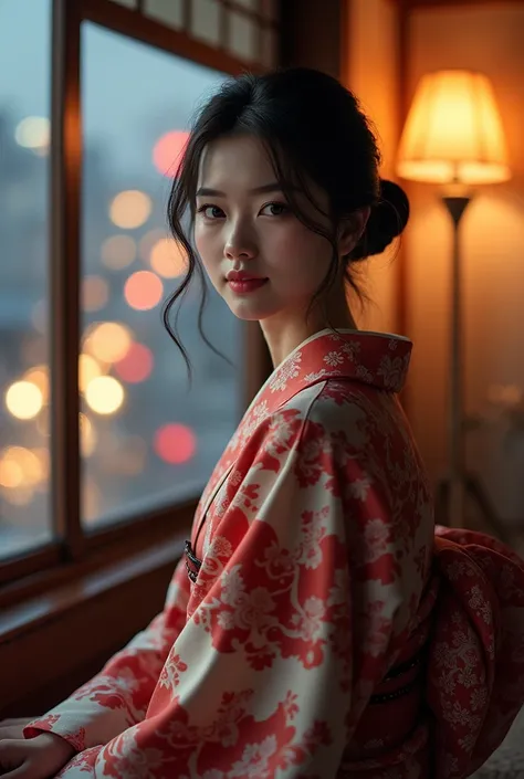 photorealistic, solo, beautiful Japan woman, traditional kimono, natural figure, soft smile, impressive gaze, traditional hairstyle, Japanese room at dusk, sitting by the window, illuminated by city lights, (attractive pose), professional photographer, sha...