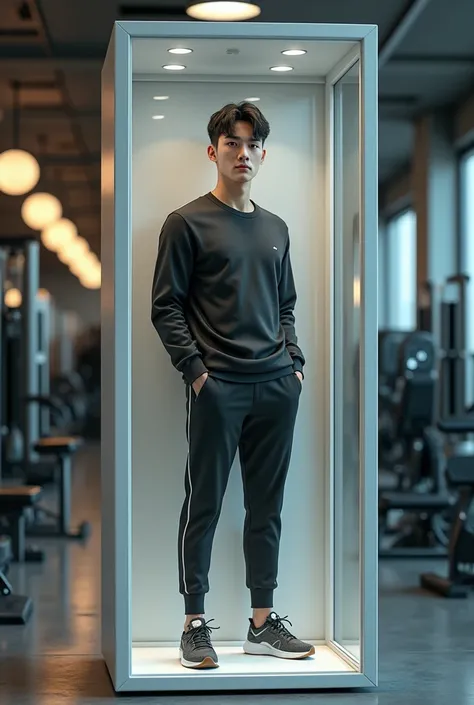 (Photorealism:1.2), Young man, Asian, Korean, pop idol , ,Handsome male model wearing sportswear ,In a doll box, there are gym equipment in the box.