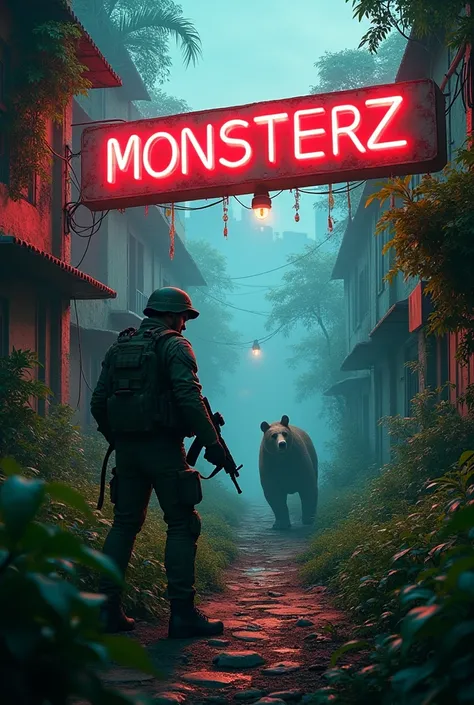 ZOMBIE APOCALYPSE GAME SET IN A JUNGLE WITH ABANDONED BUILDINGS, INFECTED DEAD, A SURVIVOR IN MILITARY GEAR WITH AN ASSAULT RIFLE TARGETING A BEAR WALKING TOWARD HIM AT THE BOTTOM OF A TRAIL AND A LARGE SIGN WRITTEN IN GREEN NEON LETTERS "MONSTERZ"