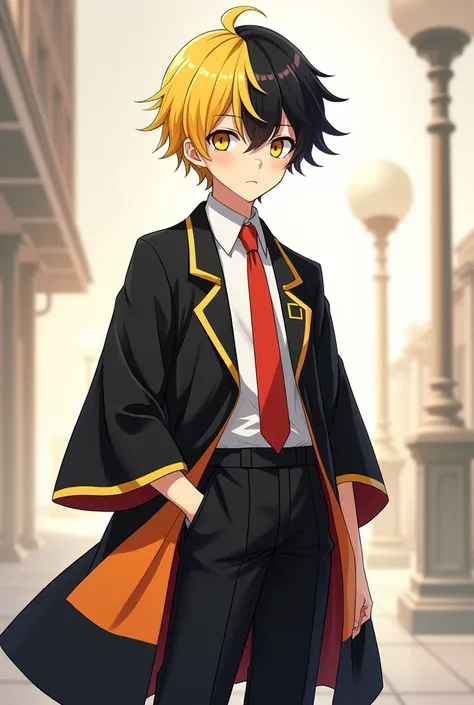 A boy of about  anime with hair half yellow and half black with yellow eyes Finn Ames style color suit a white shirt and a red tie and black pants with a black kimono and that is about 1 tall=56 tall 