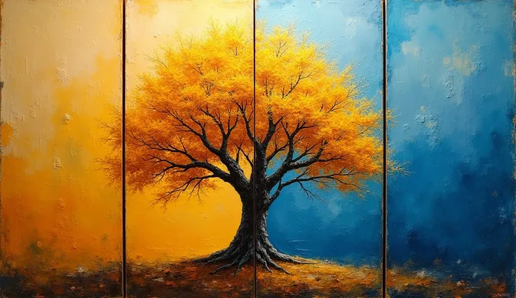 "A four-panel abstract painting of a tree with gold leaves. The first three panels display the tree against a golden, textured background, while the fourth panel features a bright blue backdrop, creating a striking contrast. The artwork should evoke a sens...