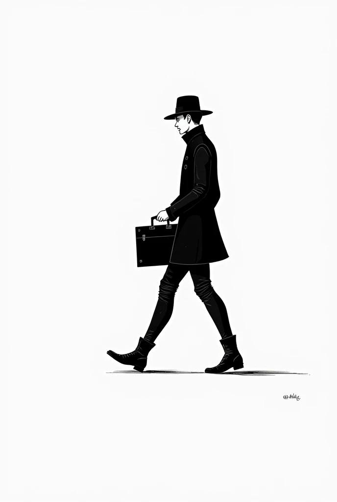 black and white hand drawing of a slim man walking sideways in boots, a hat and a trunk