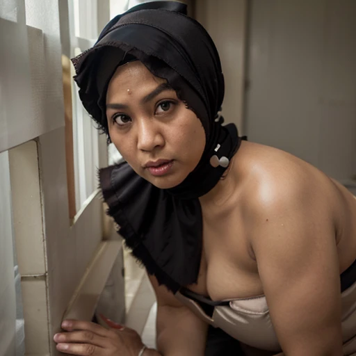 ((HIJAB)), ((Chubby:1.2)), ((Metured:1.6)), head to thigh portrait photography of a mature malay women wearing hijab and naked, side lighting, shocked face , front view, eye contact, ((wearing strapless satin))