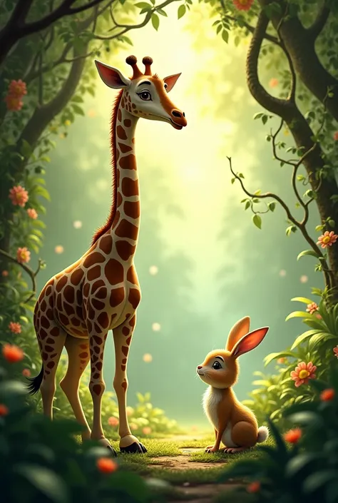 Giraffe and rabbit talking in jungle 