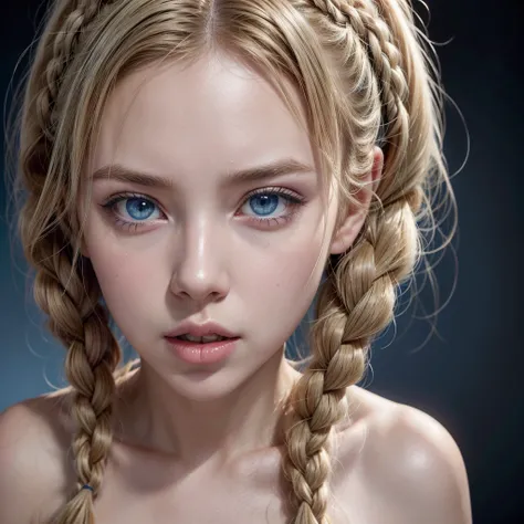 high resolution, hair blonde, Hair with two high braids, gaping mouth, blue colored eyes, cinta, breasts big, gaping mouth, language, simple background, cinta de cabelo, hyperdetailed, hyper- realism, 