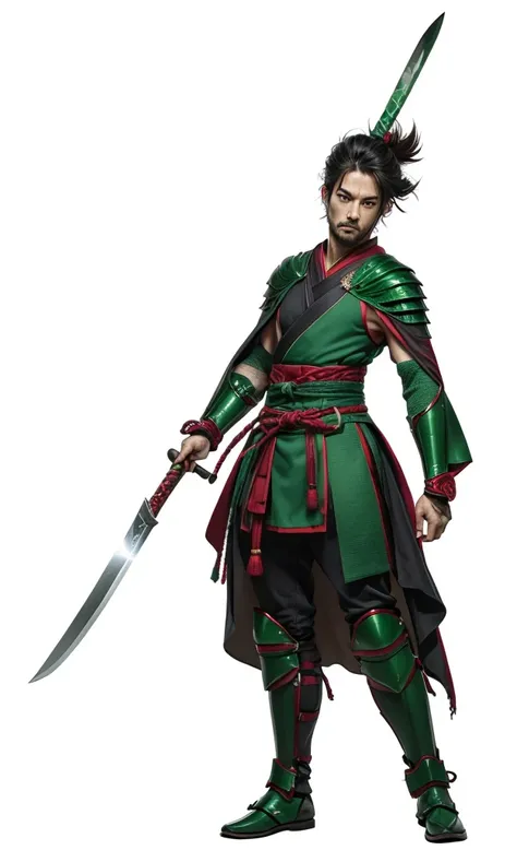 samurai armor, samurai hip armor, masterpiece picture, sharp picture, high definition picture, anime semi-realism, (dark red and green armor), ((short black cape)), right hand holding a spear-blade, left hand holding a blade, ((dark red and green suit)), (...