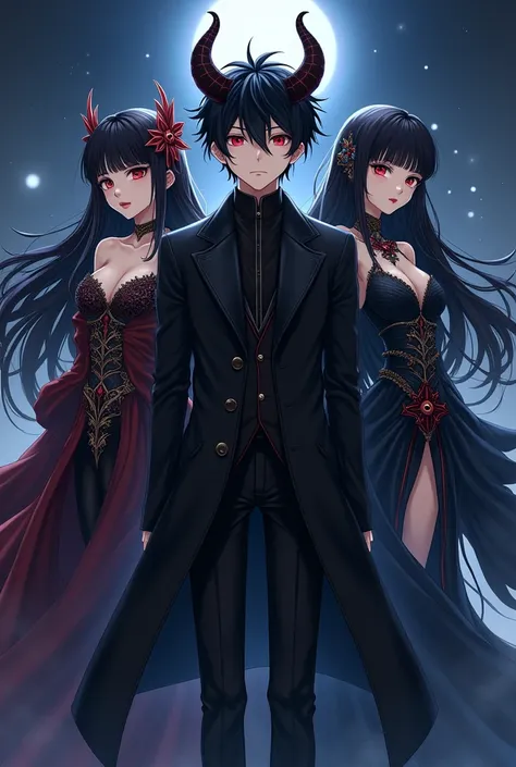 On the left a girl with long, wavy black hair, yellow eyes with goddess clothes in the middle a boy with short, messy black hair, tall, slightly tanned skin, red eyes, and somewhat curly horns on his head with a black trench coat and to the right of the bo...