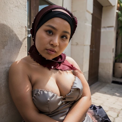 ((HIJAB)), ((Chubby:1.2)), ((Metured:1.6)), head to thigh portrait photography of a mature indonesian women wearing hijab and naked, side lighting, shocked face , front view, eye contact, ((wearing strapless satin))