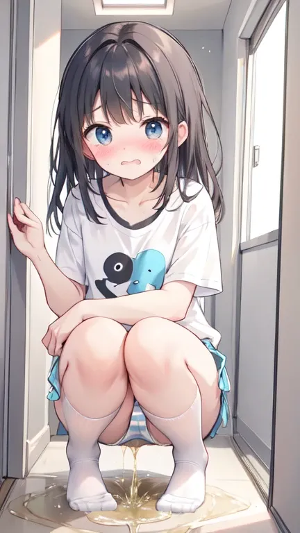 High resolution, 8k，Beautiful woman,Primary school students，Flat Chest、Just the right amount of belly、In a young body， Attention to detail, Cinema Lighting, Striped string panties, Oversized T-shirt，White socks， (((Be incontinent))), (Pee), Peeの染み, (puddle...