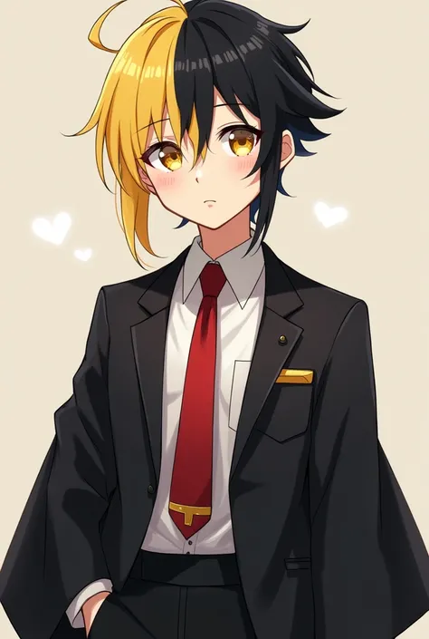 A boy of about  anime with hair half yellow and half black with yellow eyes Finn Ames style color suit a white shirt and a red tie and black pants with a black kimono and that is about 1 tall=69 tall mashle anime version 