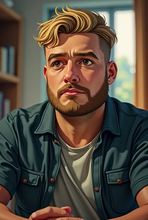 Serious man aged 28, very short blond hair,round face of a chubby person,short thin beard,dark honey eyes, Analytical Eye,solo, high resolution, shorth hair, precise, anatomically correcte, best qualityer, 