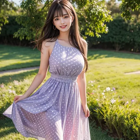 laughing out loud，knee shot, The background is grassland，1 female, light brown hair, blunt bangs, hair behind ears, Shoulder length hair, long hair, Slender body type, 超face slimming型, face slimming, delicate lips, beautiful eyes, Thin blush, Eyes are ligh...