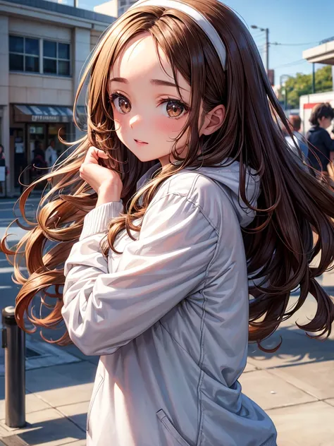 One girl,cute,White hoodie,Brown Hair,High resolution,Highest quality,midium hair,Curly Hair,brown eyes,anime,Forehead