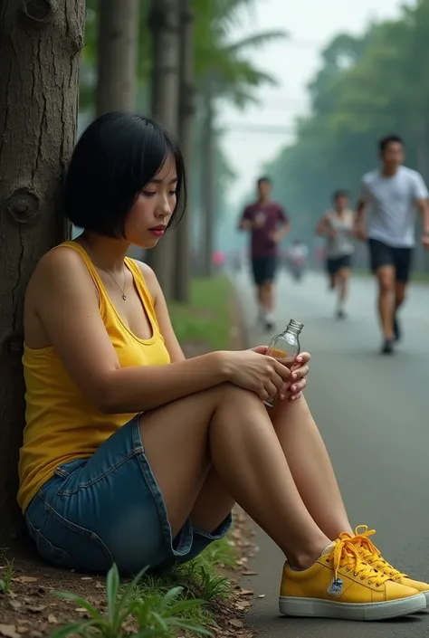 Create image of beautiful white Indonesian women, short hair (fat and chubby), wearing a yellow tank top, yellow sneakers, the woman sat leaning against a tree trunk on the side of the road, and the woman looks exhausted, while holding a bottle with some p...