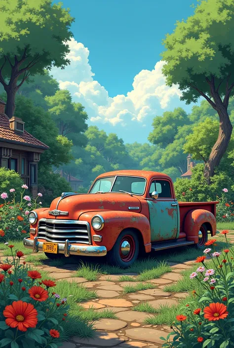 an old el camino pickup with small dents, rust marks for the garden,  anime style, key visual, vibrant, Studio Anime, highly detailed