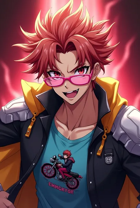 Hair like bacon, Caucasian skin, pink glasses, Black jacke, blue shirt with motorcycle print, SILVER SHOULDER PADS, golden cloak, black pants, red aura, naughty man, anime style 