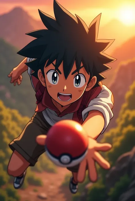 (best quality,4k,8k,highres,masterpiece:1.2),ultra-detailed,(realistic,photorealistic,photo-realistic:1.37), Pokémon, Pikachu, Satoshi grabbing a monster ball, wilderness, adventure, sunset, aerial view, beautiful detailed eyes, beautiful detailed lips, ex...