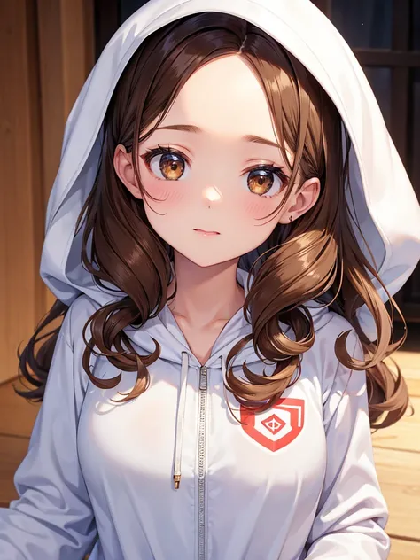 One girl,cute,White hoodie,Brown Hair,High resolution,Highest quality,midium hair,Curly Hair,brown eyes,Forehead